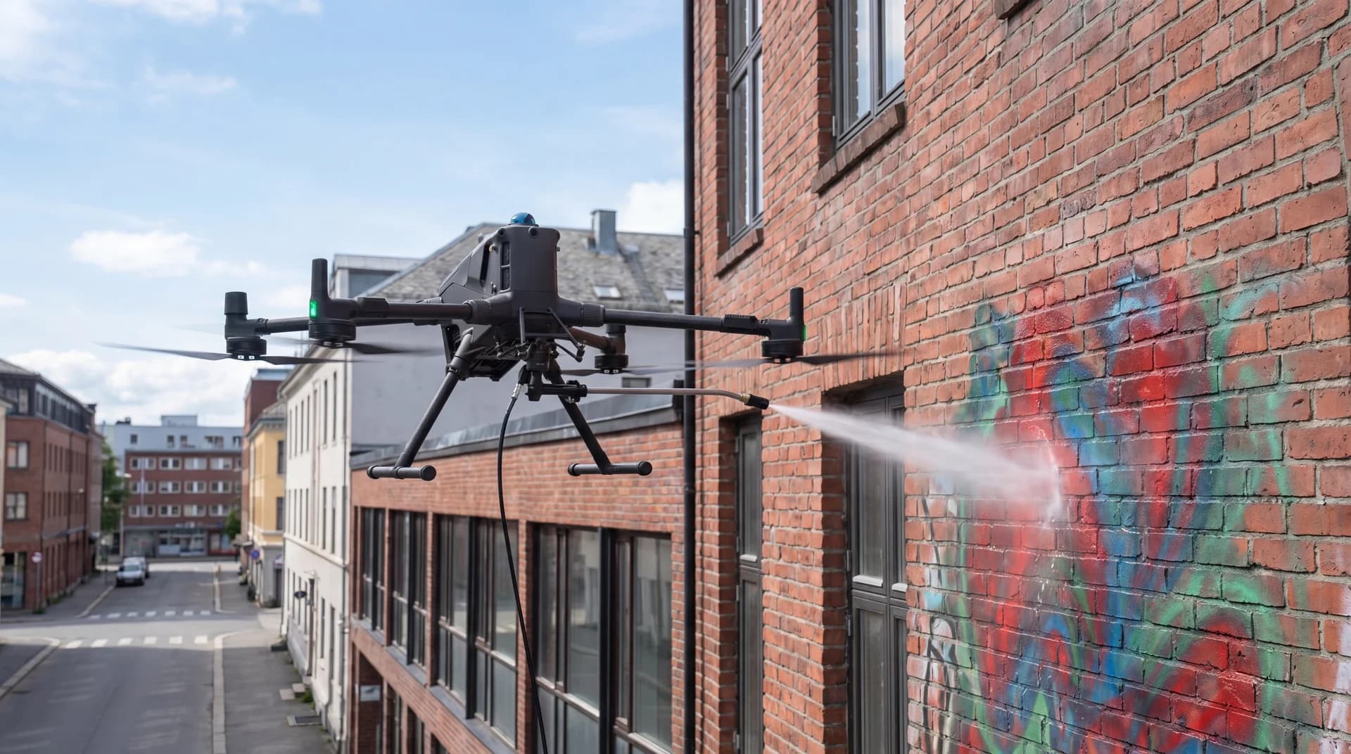 Grafittifjerning fra fasade — drone når der lift ikke kommer