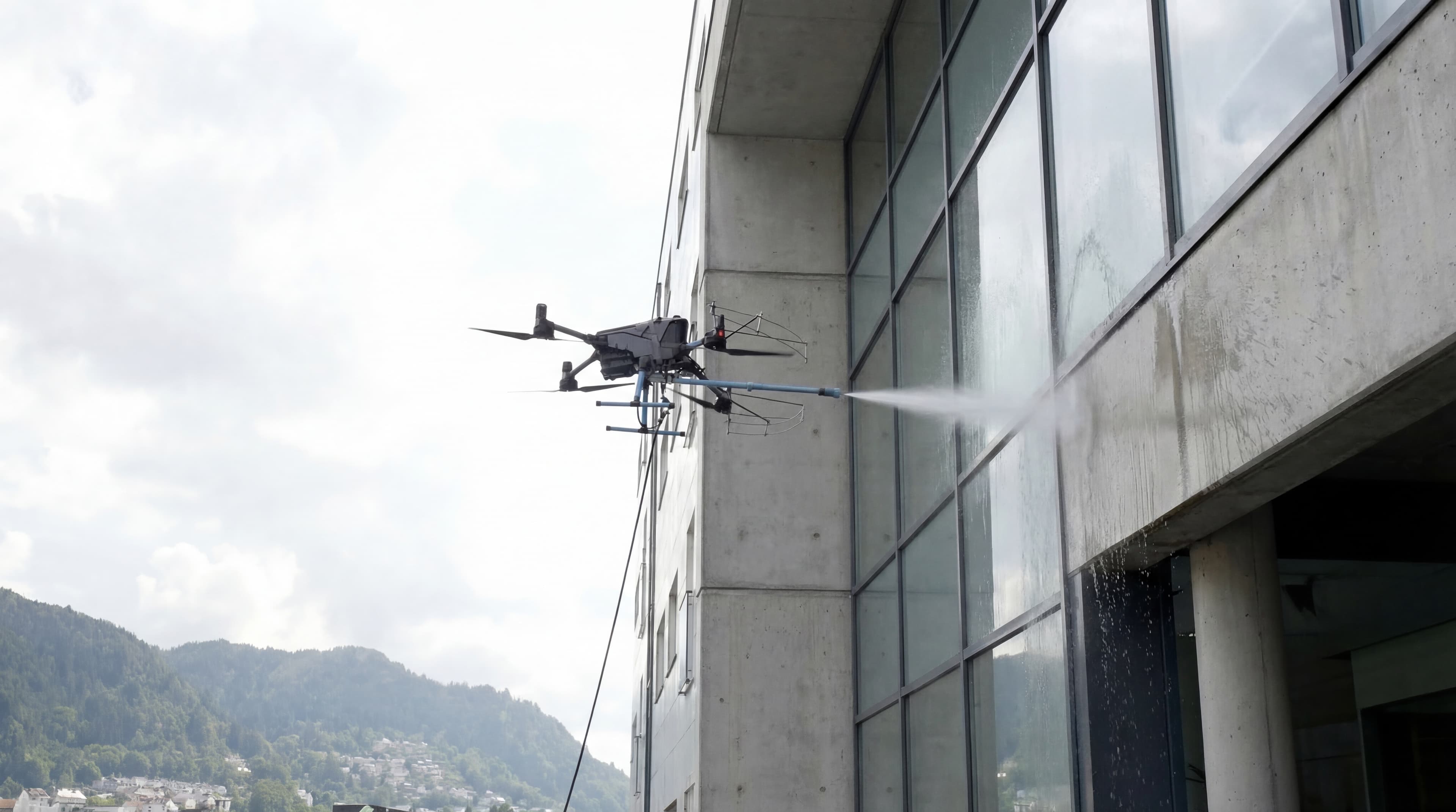 Drone i aksjon som vasker fasaden på et høyt bygg i en norsk by.