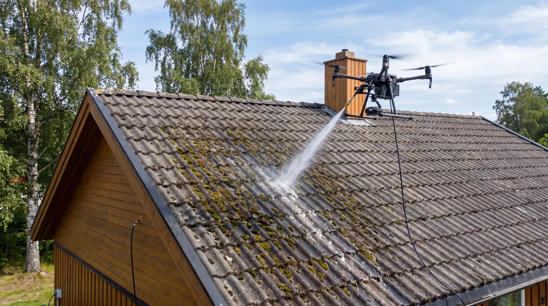 Drone i aksjon som vasker fasaden på et høyt bygg i en norsk by.