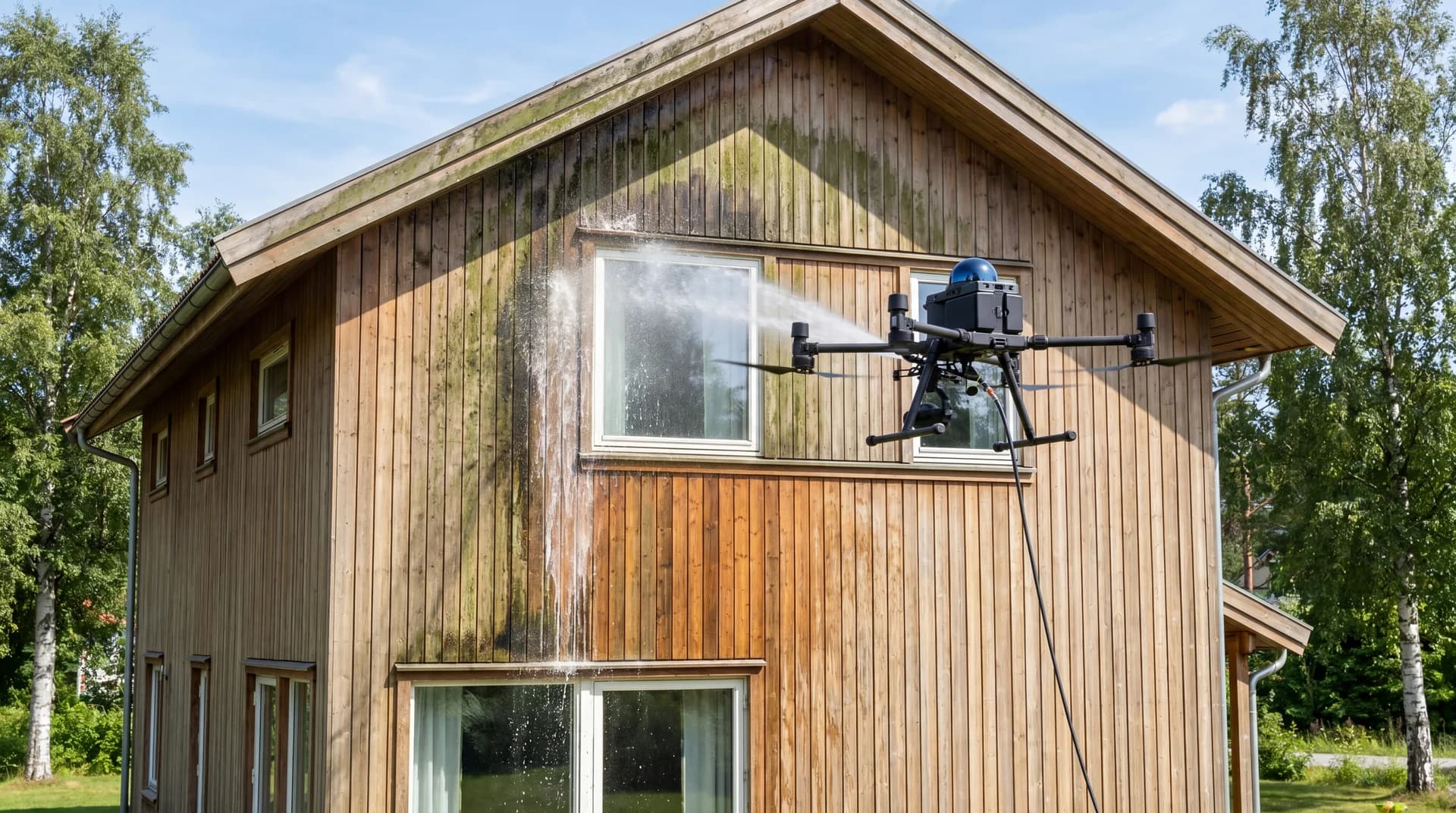 Kraftvask av hus med drone — dyp rens uten stillas
