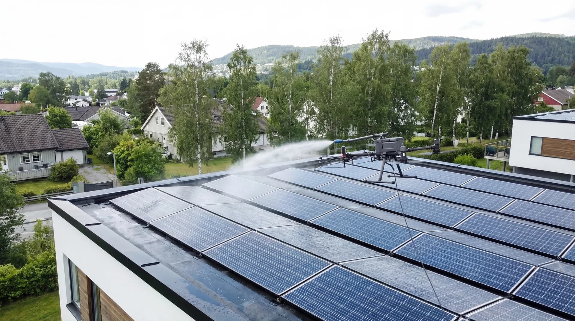 Drone som rengjør solcellepaneler på et tak med presisjonsspray.