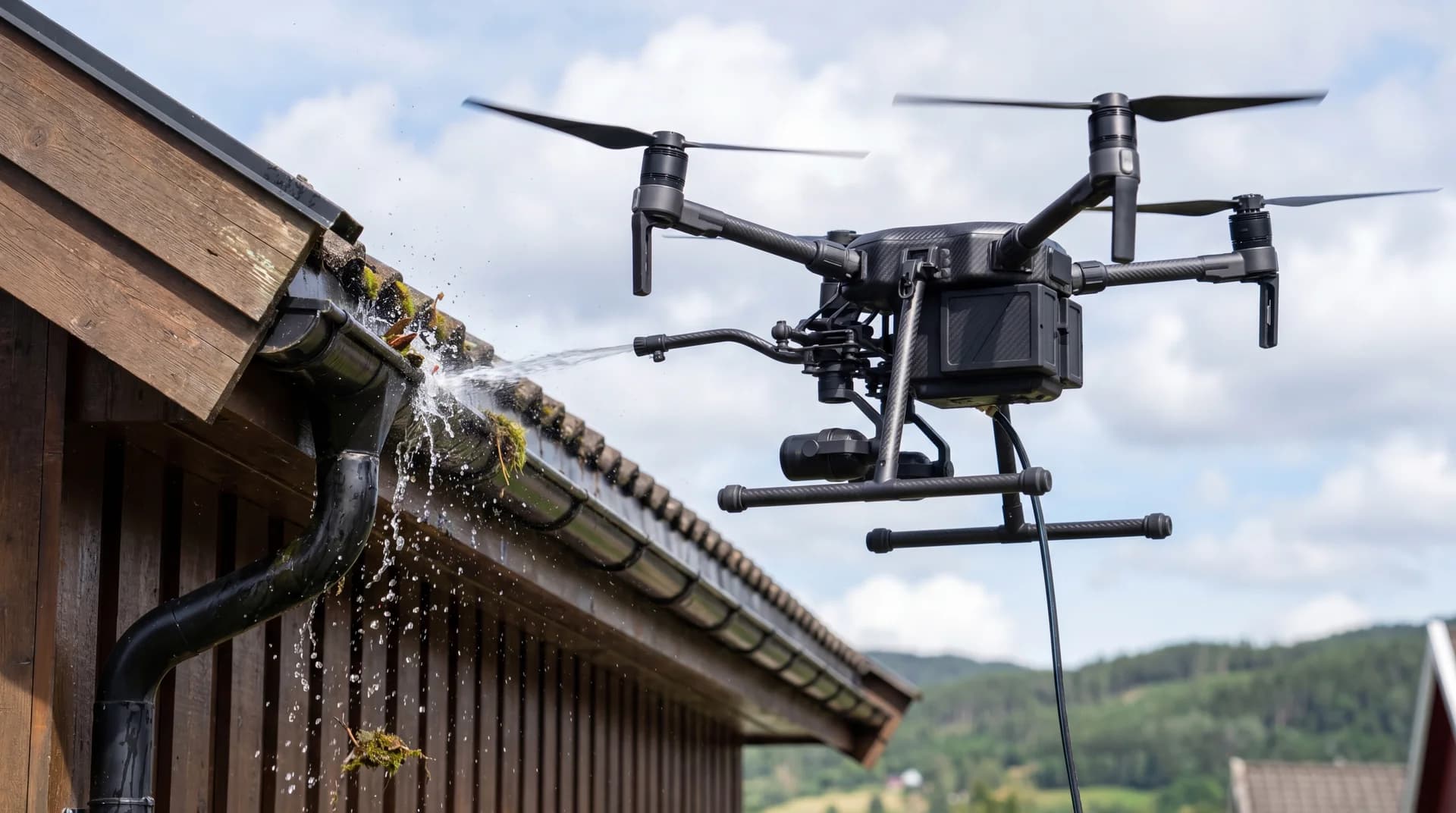 Drone som inspiserer taket på et bygg med kamera og registrerer skader.